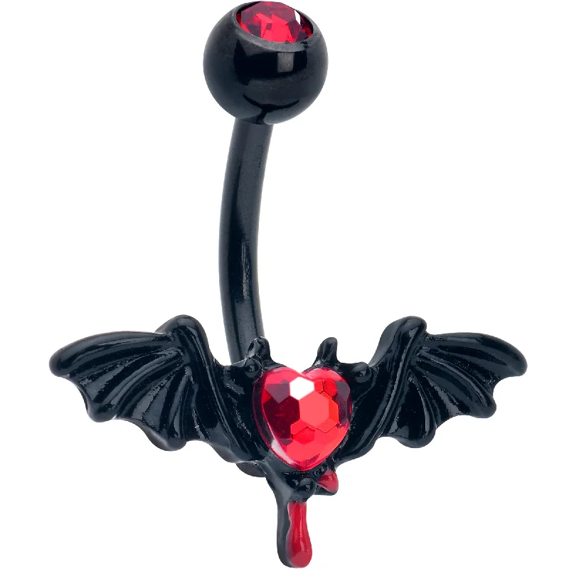 Trendy Belly Rings with Modern Touch -Red Gem Black Bleeding Heart Bat Belly Ring