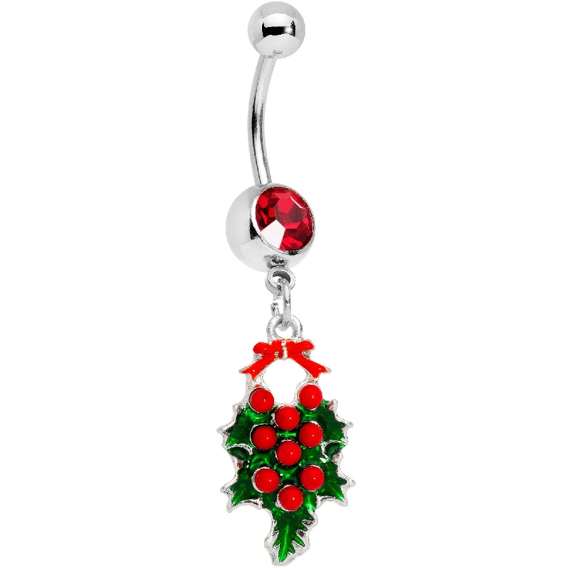Belly Rings for Fashion Enthusiasts -Red Gem Holiday Bow and Berries Holly Day Dangle Belly Ring Belly Rings for Fashion Enthusiasts -Red Gem Holiday Bow and Berries Holly Day Dangle Belly Ring