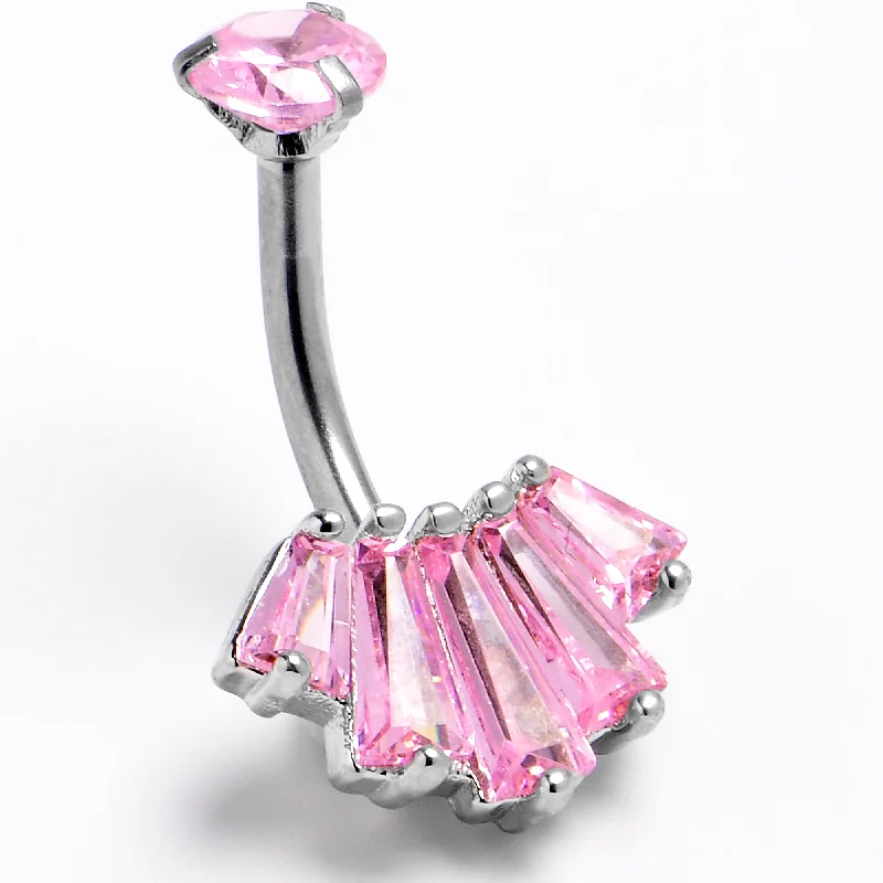 Designer Belly Rings for Exclusive Looks -Pink CZ Gem Regal Rectangles Internally Threaded Double Mount Belly Ring Designer Belly Rings for Exclusive Looks -Pink CZ Gem Regal Rectangles Internally Threaded Double Mount Belly Ring