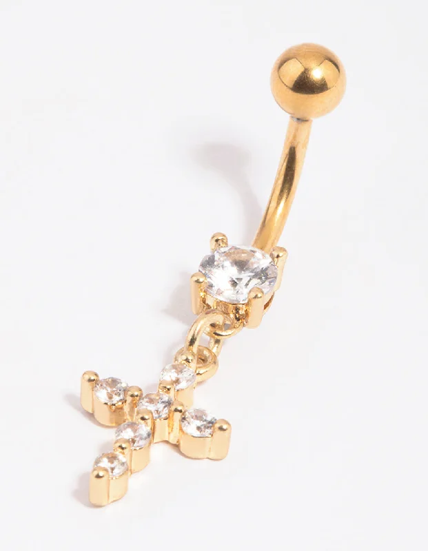 Beautiful Belly Rings for Glamorous Fashion -Gold Plated Surgical Steel Cros Belly Bar Beautiful Belly Rings for Glamorous Fashion -Gold Plated Surgical Steel Cros Belly Bar