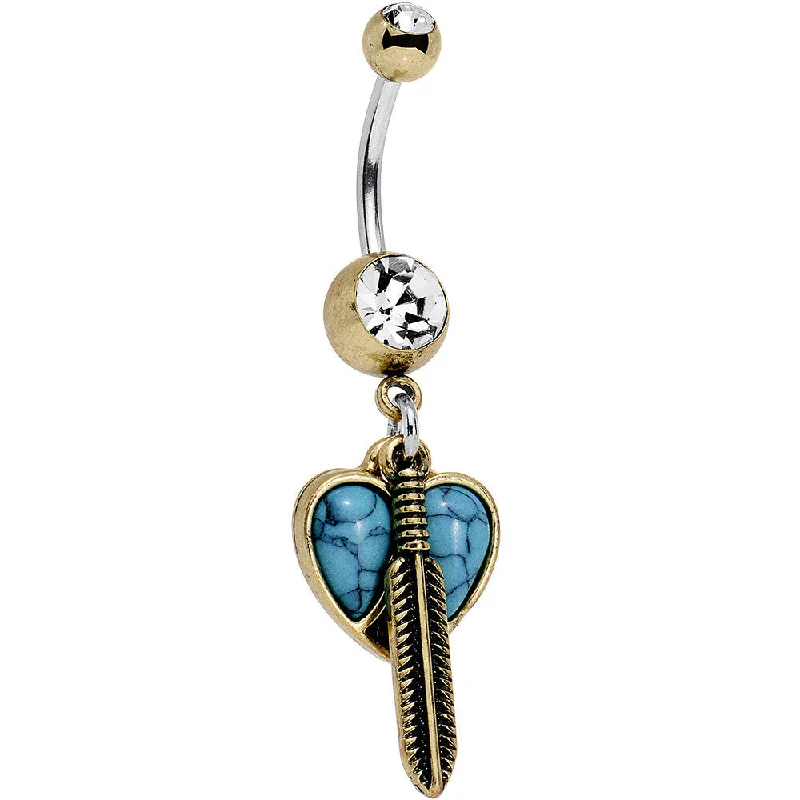 Minimalist Belly Rings for Subtle Beauty -Faux Turquoise Clear Gem Heart Forever Feather Dangle Belly Ring Minimalist Belly Rings for Subtle Beauty -Faux Turquoise Clear Gem Heart Forever Feather Dangle Belly Ring