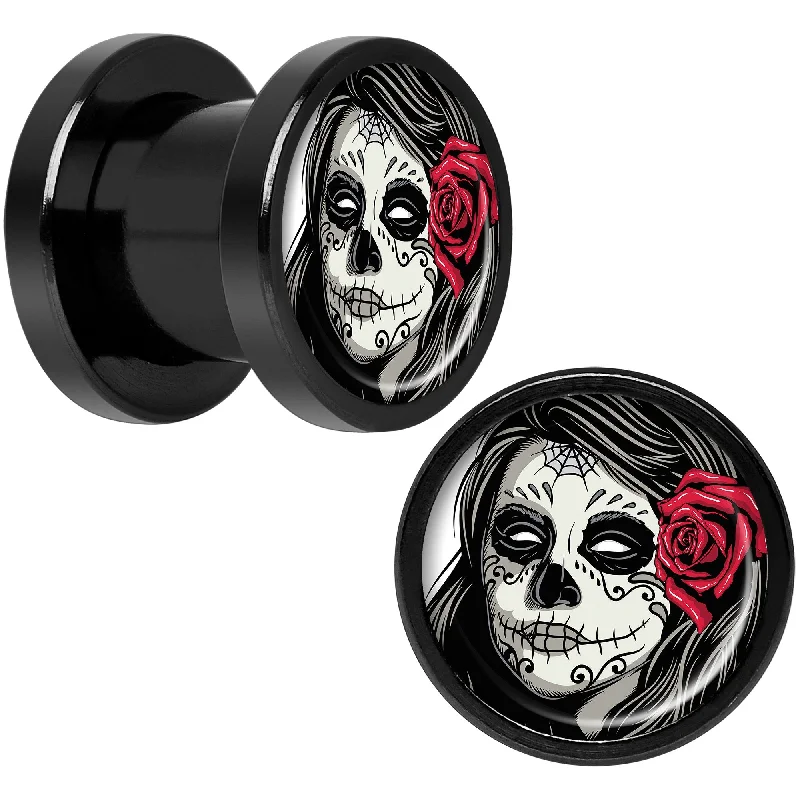 Women's Earrings – Elegant Designs for Every Personality--Katrina Sugar Skull Rose Flower Black Anodized Screw Fit Plug Set 0 Gauge Women's Earrings – Elegant Designs for Every Personality--Katrina Sugar Skull Rose Flower Black Anodized Screw Fit Plug Set 0 Gauge