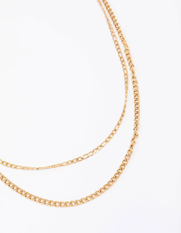 Shop Classic Women's Necklaces & Pendants with a Modern Twist-Waterproof Gold Plated Stainless Steel Layered Curb & Figaro Necklace Shop Classic Women's Necklaces & Pendants with a Modern Twist-Waterproof Gold Plated Stainless Steel Layered Curb & Figaro Necklace