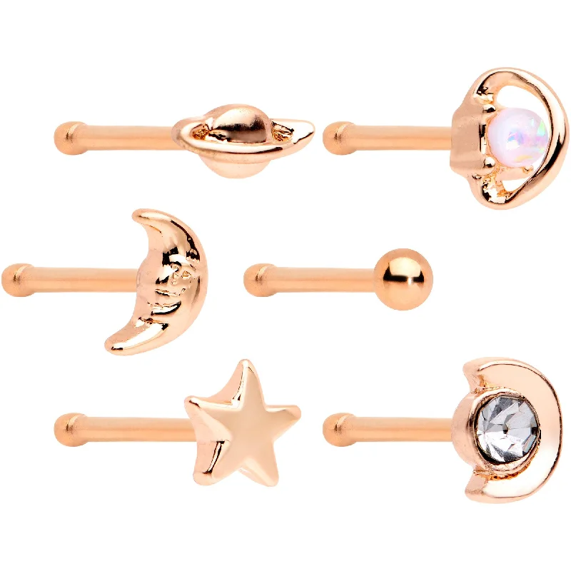 Nose Rings with Gold Finish -White Faux Opal Rose Gold PVD Out of This World Nose Bone 6 Pack Set Nose Rings with Gold Finish -White Faux Opal Rose Gold PVD Out of This World Nose Bone 6 Pack Set
