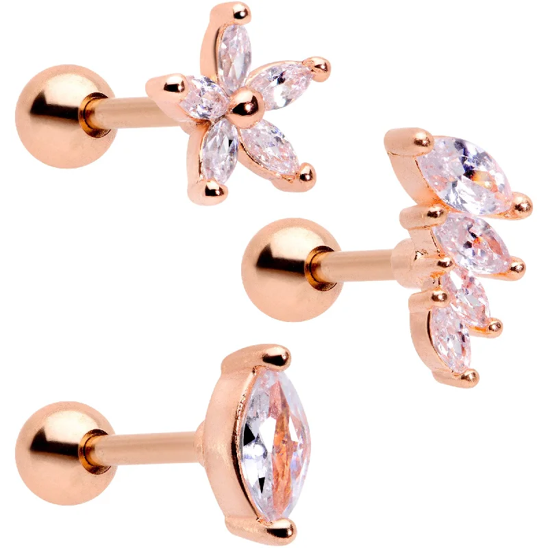 Women's Earrings – Elegant Designs for Every Personality--16 Gauge 1/4 Clear CZ Gem Rose Gold Tone Geometric Tragus Set of 3