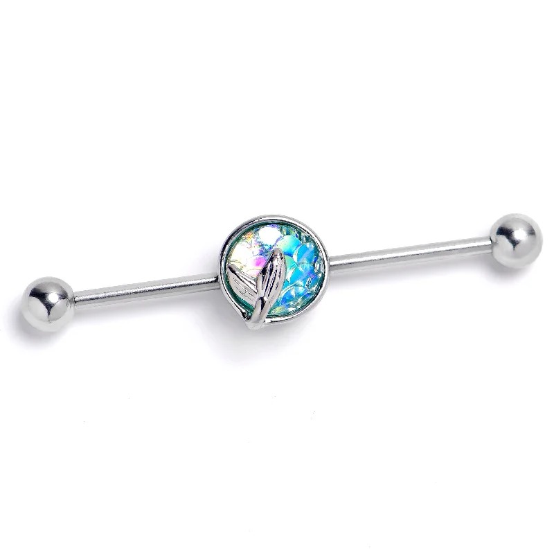 Women's Earrings – Elegant Designs for Every Personality--14 Gauge Mermaid Blue Scale Tail Industrial Barbell 38mm