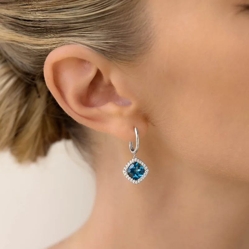 Women's Earrings – Elegant Designs for Every Personality--London Blue Topaz and Diamond Halo Drop Earrings White Gold - Elvira
