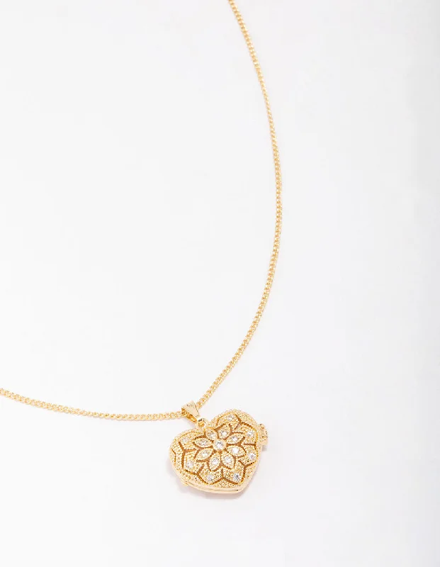 Shop Classic Women's  Necklaces & Pendants with a Modern Twist-Gold Plated Heart Locket Cubic Zirconia Pendant Necklace