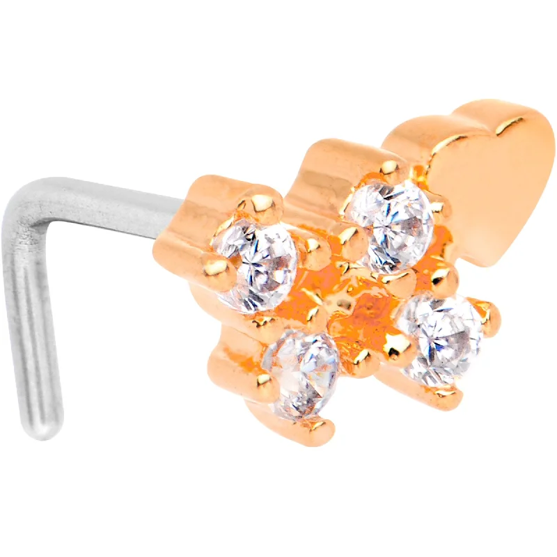 Stylish Nose Rings with Gemstone Accents -20 Gauge Clear CZ Rose Gold Tone Heart Faux Hoop L Shaped Nose Ring Stylish Nose Rings with Gemstone Accents -20 Gauge Clear CZ Rose Gold Tone Heart Faux Hoop L Shaped Nose Ring