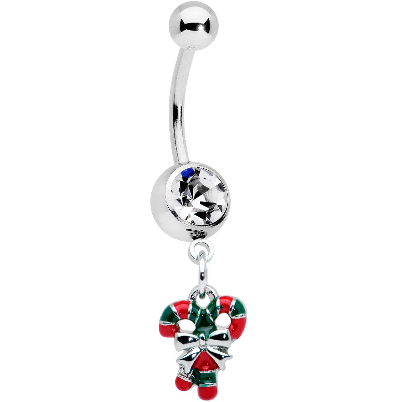 Belly Rings with Stone Accents for Gorgeous Look -Clear Gem Pair of Candy Canes Christmas Dangle Belly Ring Belly Rings with Stone Accents for Gorgeous Look -Clear Gem Pair of Candy Canes Christmas Dangle Belly Ring
