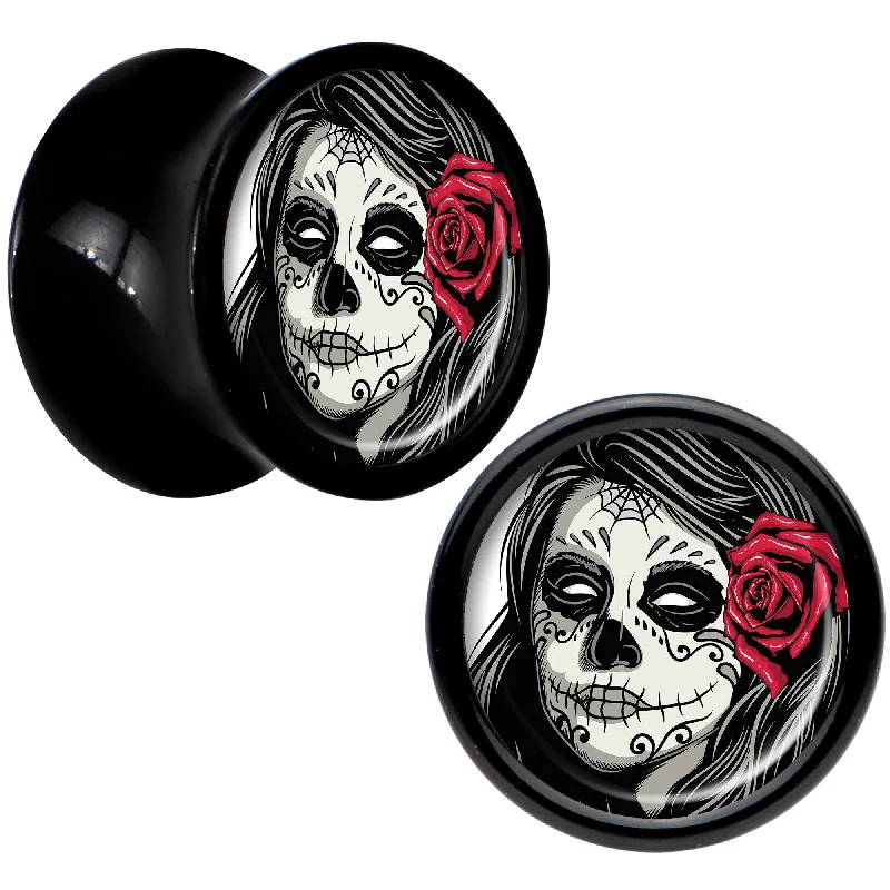 Women's Earrings – Elegant Designs for Every Personality--Black Acrylic Katrina Sugar Skull with Rose Flower Saddle Plug Set 0 Gauge