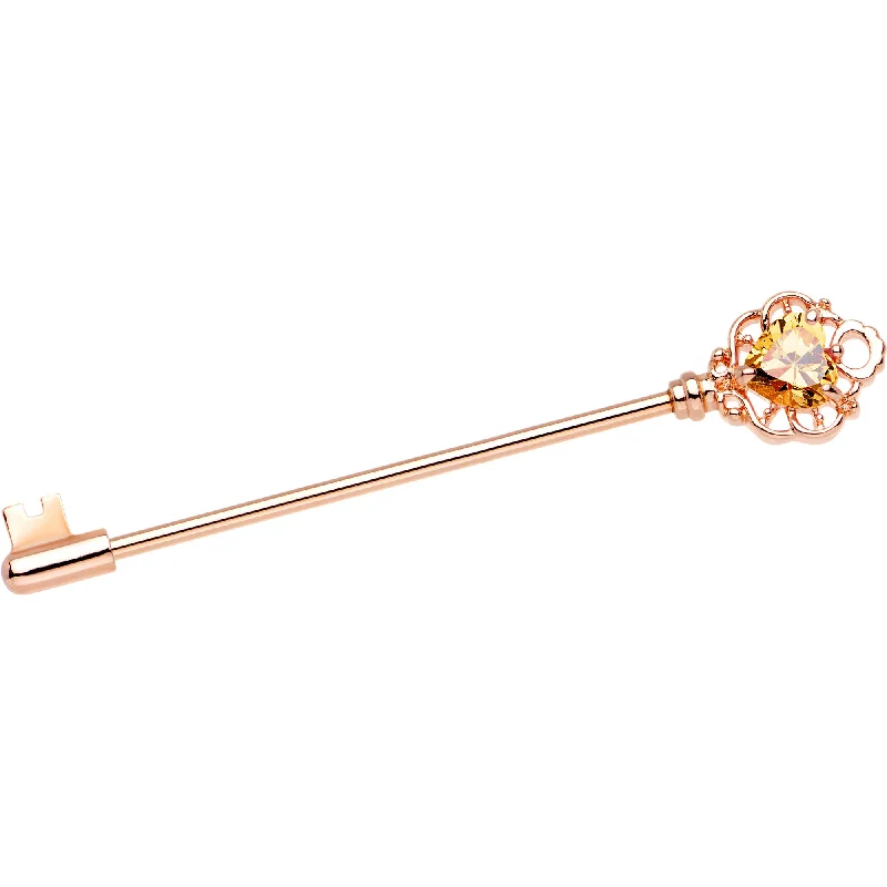 Women's Earrings – Elegant Designs for Every Personality--Aurora CZ Heart Rose Gold PVD Filigree Key Industrial Barbell 38mm Women's Earrings – Elegant Designs for Every Personality--Aurora CZ Heart Rose Gold PVD Filigree Key Industrial Barbell 38mm