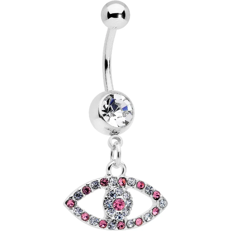 Trendy Belly Rings with Bold Details -Pink Clear Gem Wide Eye Dangle Belly Ring