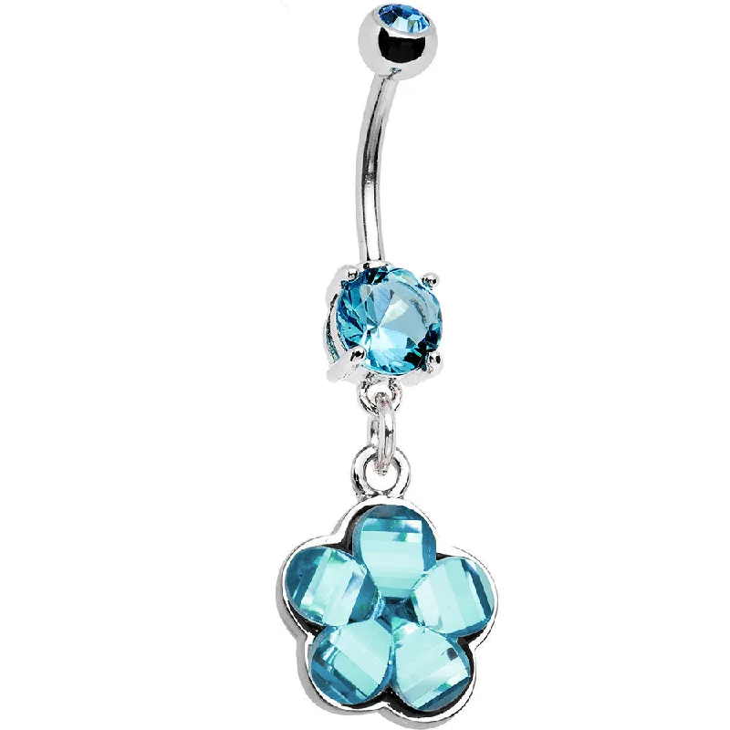 Designer Belly Rings for Bold Looks -Aqua Gem Blossoming Flower Dangle Belly Ring
