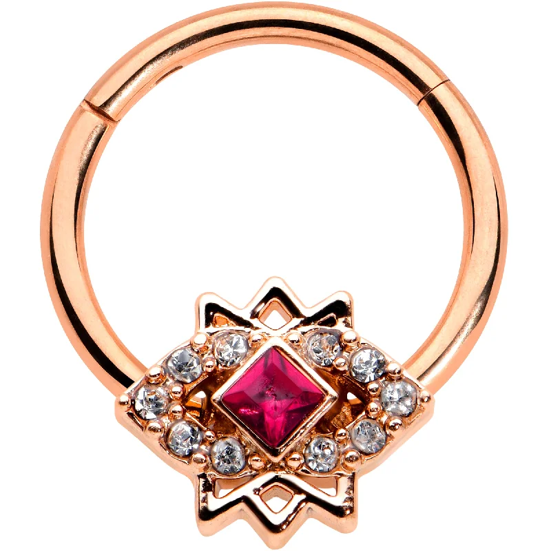 Women's Earrings – Elegant Designs for Every Personality--16 Gauge 3/8 Red Gem Rose Gold Tone Octogram Star Hinged Circular Ring