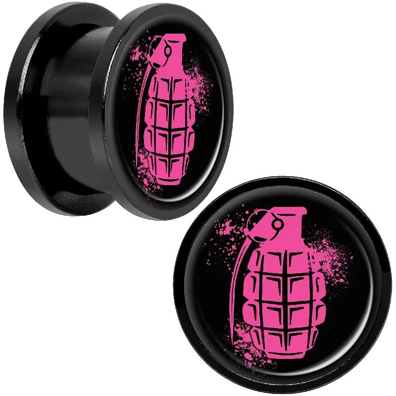 Women's Earrings – Elegant Designs for Every Personality--Pink Grenade Black Anodized Screw Fit Plug Set 9/16 Women's Earrings – Elegant Designs for Every Personality--Pink Grenade Black Anodized Screw Fit Plug Set 9/16