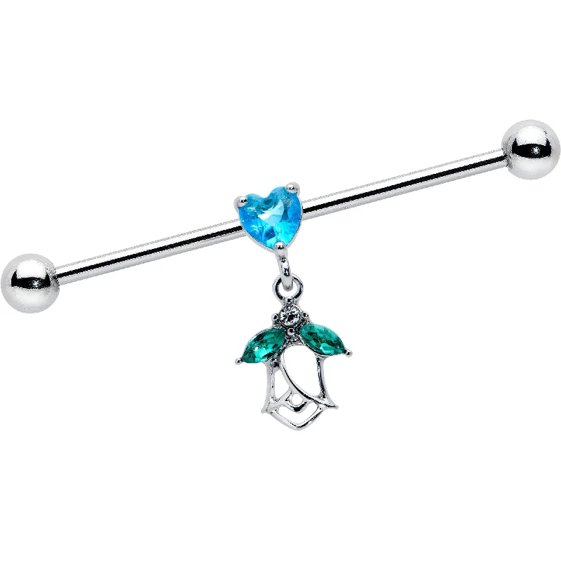 Women's Earrings – Elegant Designs for Every Personality--14 Gauge Blue CZ Gem Heart And Rose Dangle Industrial Barbell 38mm