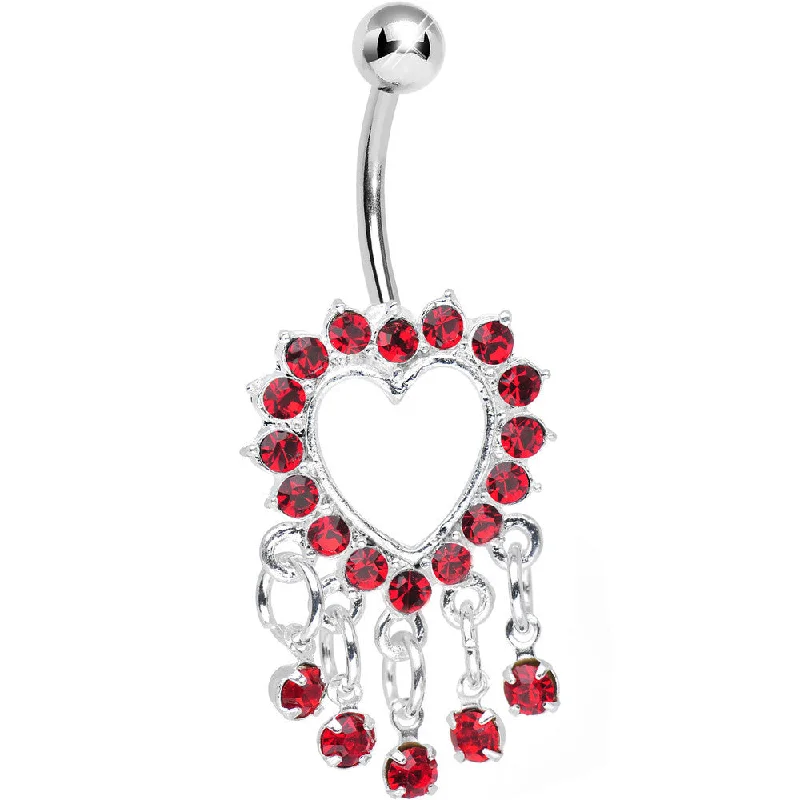 Minimalist Belly Rings for Subtle Beauty -Red Gem Super Sparkle Drops and Hollow Heart Dangle Belly Ring Minimalist Belly Rings for Subtle Beauty -Red Gem Super Sparkle Drops and Hollow Heart Dangle Belly Ring