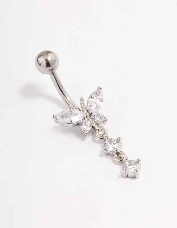 Beautiful Belly Rings for Fashion-Forward Style -Surgical Steel Cubic Zirconia Butterfly Drop Belly Ring Beautiful Belly Rings for Fashion-Forward Style -Surgical Steel Cubic Zirconia Butterfly Drop Belly Ring