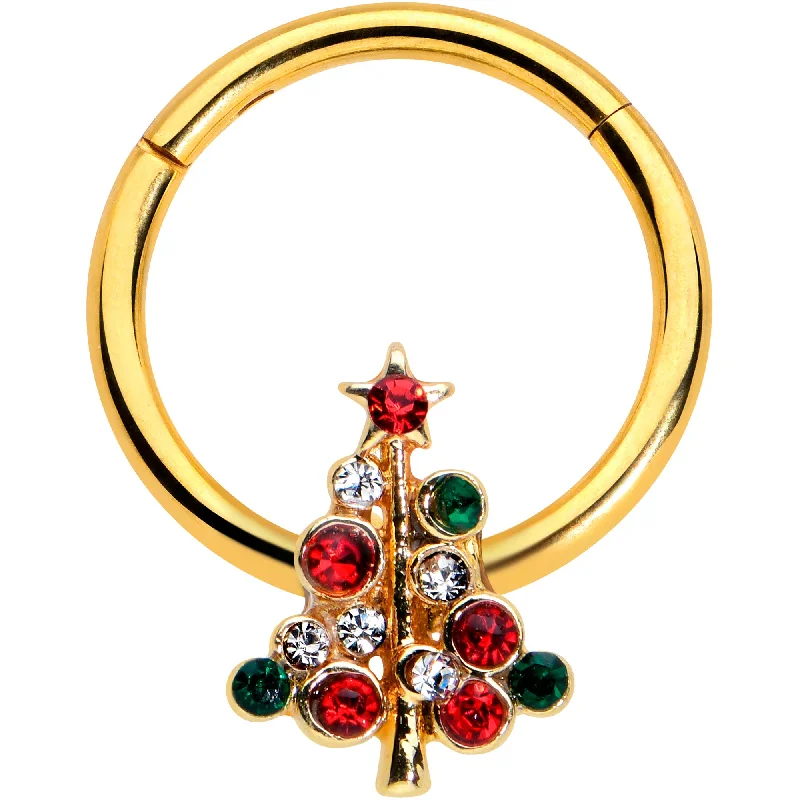Nose Rings for Easy Wear -16 Gauge 3/8 Dazzline Gem Gold Tone Christmas Tree Hinged Segment Ring Nose Rings for Easy Wear -16 Gauge 3/8 Dazzline Gem Gold Tone Christmas Tree Hinged Segment Ring