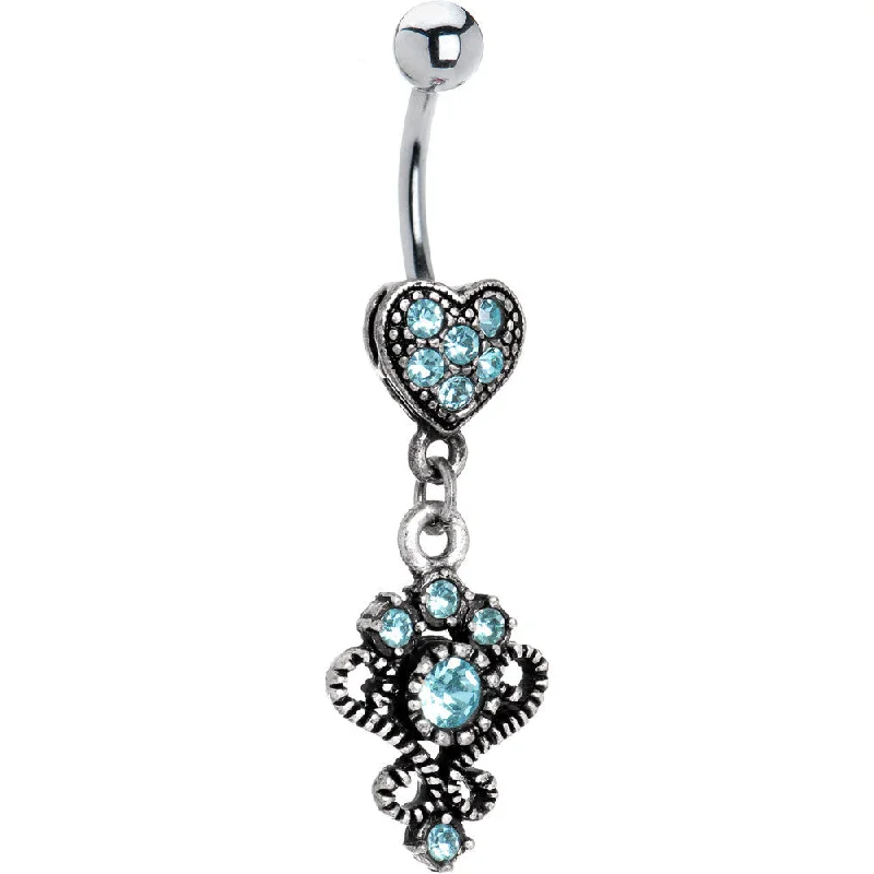 Custom Belly Rings for Personal Touch -Antique Silver Victorian Heart Solar Blue Gem Dangle Belly Ring Custom Belly Rings for Personal Touch -Antique Silver Victorian Heart Solar Blue Gem Dangle Belly Ring