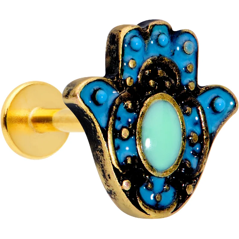 Lip Rings with Unique Features for Custom Style16 Gauge 5/16 Gold Tone Aqua Ornate Hamsa Hand Labret Monroe Tragus