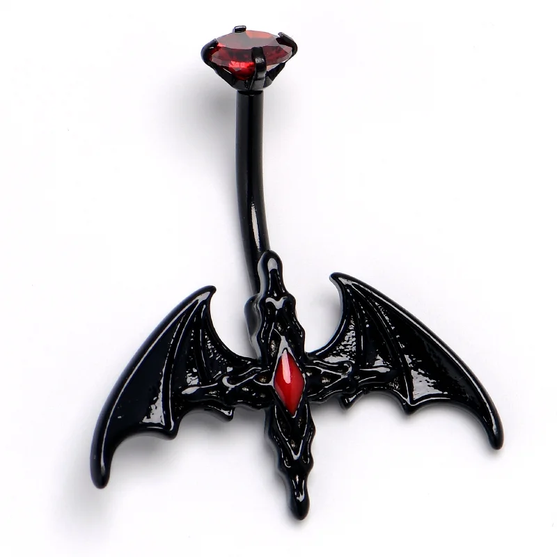 Comfortable Belly Rings for Stylish Piercings -Red Gem Black Soaring Bat Belly Ring