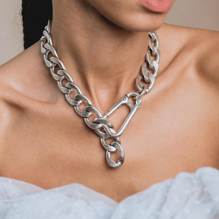 Shop Classic Women's  Necklaces & Pendants with a Modern Twist-XX. Chunky Curb Chain & Carabiner Clasp Necklace - Silver