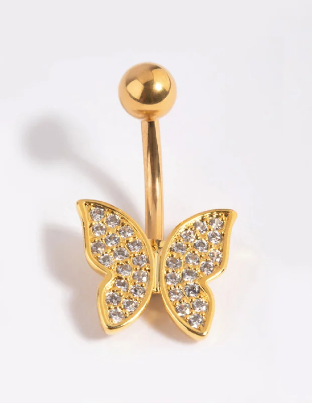 Trendy Belly Rings for Bold Fashionistas -Gold Plated Titanium Butterfly Belly Bar