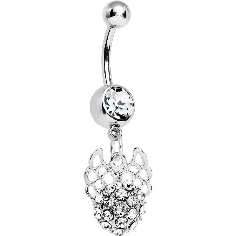 Comfortable Belly Rings for Modern Fashion -Crystalline Gem Paved Ball with Filigree Wings Dangle Belly Ring Comfortable Belly Rings for Modern Fashion -Crystalline Gem Paved Ball with Filigree Wings Dangle Belly Ring