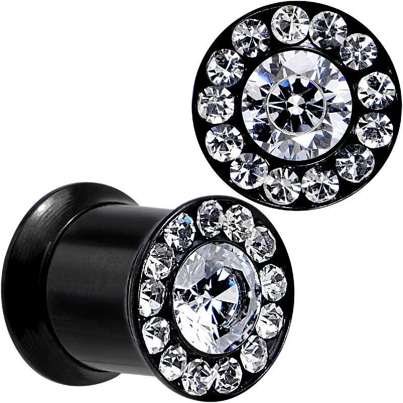 Women's Earrings – Elegant Designs for Every Personality--0 Gauge Clear CZ Gem Black PVD Goddess of Glam Screw Fit Plug Set