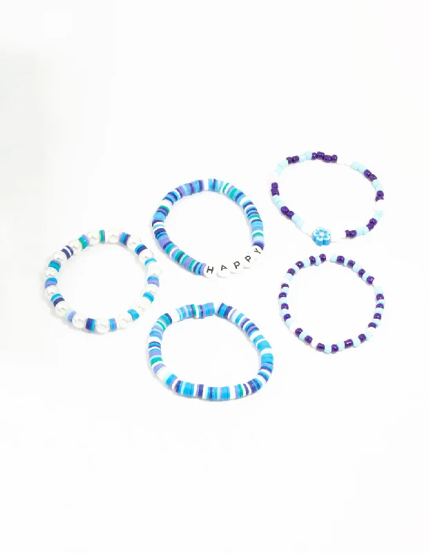 Customizable Gold Bangles for Women-Blue Beaded & Happy Flower Stretch Bracelets 5-Pack