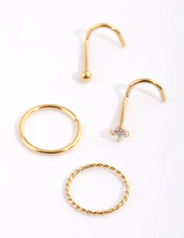 Nose Rings for Weddings -Gold Plated Surgical Steel Diamante Twisted Nose Ring 4-Pack Nose Rings for Weddings -Gold Plated Surgical Steel Diamante Twisted Nose Ring 4-Pack