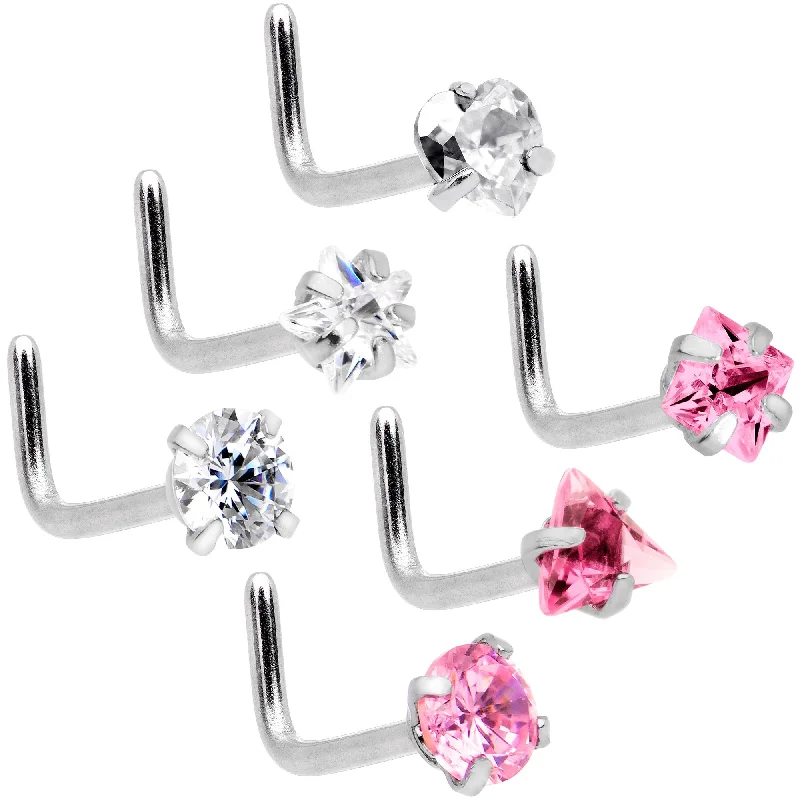 Simple Silver Nose Rings -20 Gauge 5/16 Clear Pink Gem Variety L Shaped Nose Ring 6 Pack Set Simple Silver Nose Rings -20 Gauge 5/16 Clear Pink Gem Variety L Shaped Nose Ring 6 Pack Set