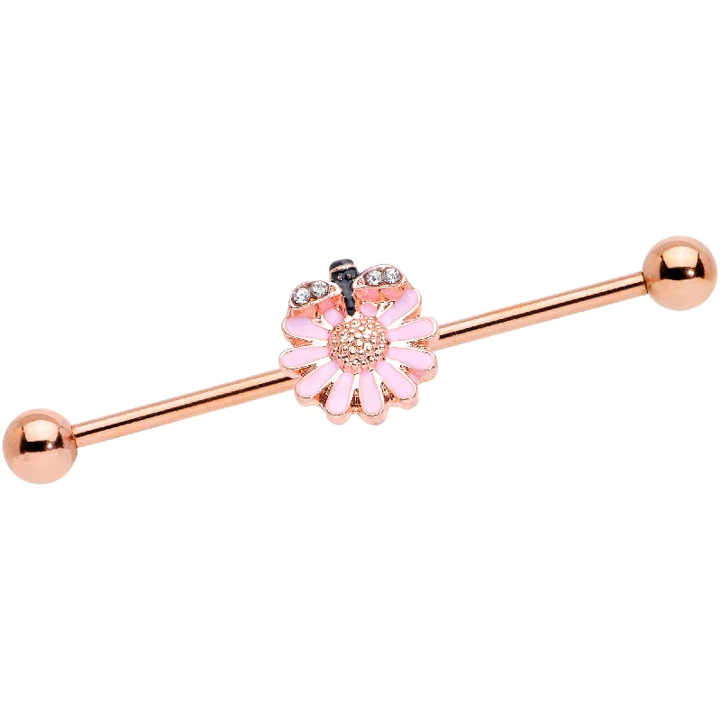 Women's Earrings – Elegant Designs for Every Personality--14 Gauge Clear Gem Rose Gold Tone Flower Bee Industrial Barbell 38mm