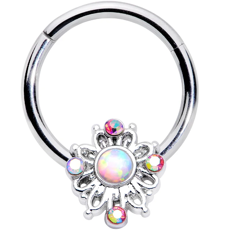 Nose Rings for All Styles -16 Gauge 3/8 White Synthetic Opal Aurora Gem Crest Hinged Segment Ring Nose Rings for All Styles -16 Gauge 3/8 White Synthetic Opal Aurora Gem Crest Hinged Segment Ring