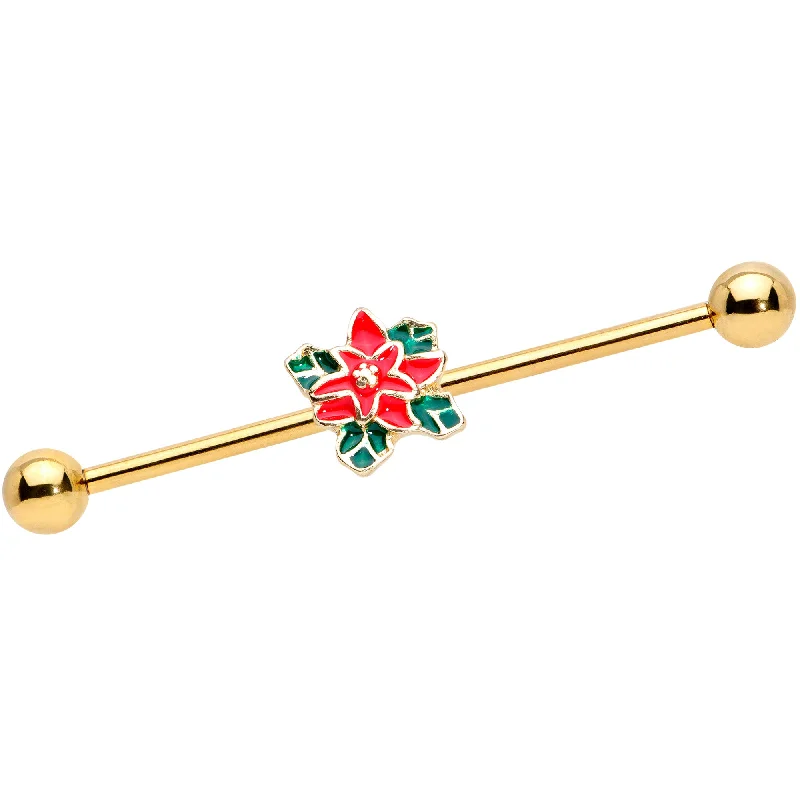 Women's Earrings – Elegant Designs for Every Personality--14 Gauge Gold Tone PVD Poinsettia Christmas Industrial Barbell 38mm