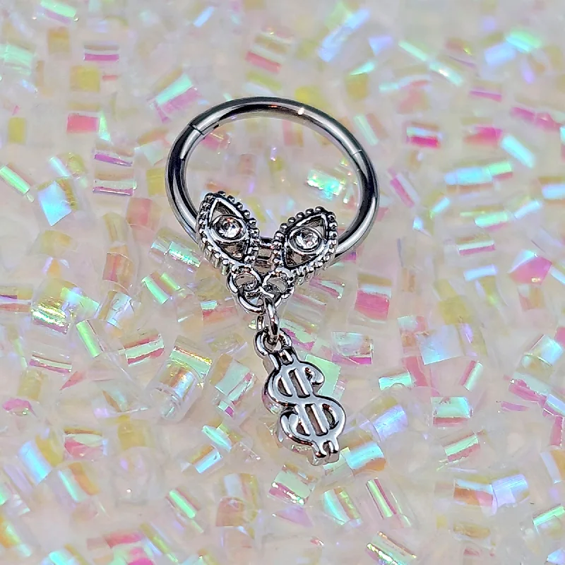 Large Nose Rings for Bold Looks -16 Gauge 3/8 Clear Gem Dollar Sign Dangle Hinged Segment Ring Large Nose Rings for Bold Looks -16 Gauge 3/8 Clear Gem Dollar Sign Dangle Hinged Segment Ring