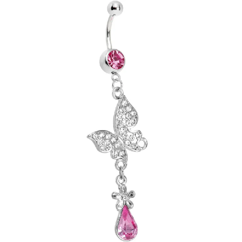 Stylish Belly Rings with Beautiful Details -Pink Gem Butterfly Flower Teardrop Belly Ring Stylish Belly Rings with Beautiful Details -Pink Gem Butterfly Flower Teardrop Belly Ring
