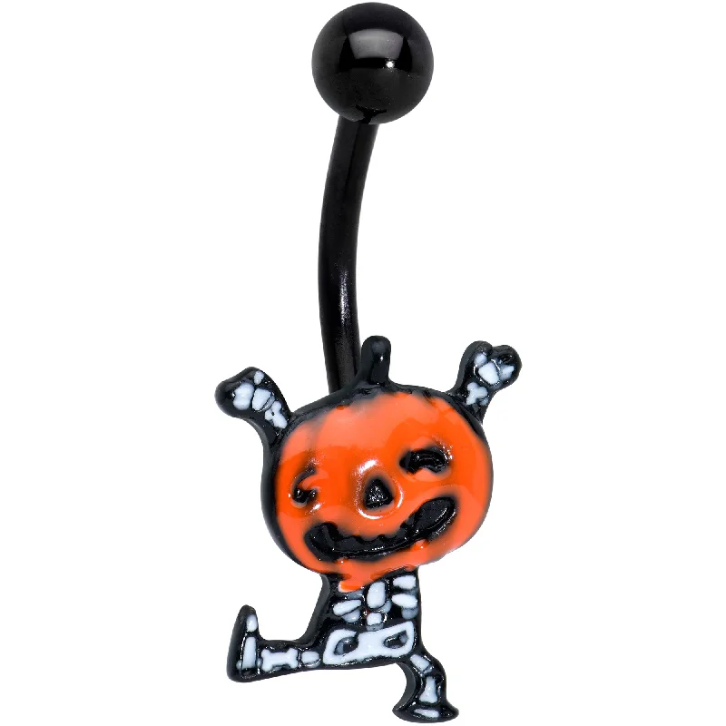 Beautiful Belly Rings with Radiant Stones -Black Dancing Skeleton Pumpkin Happy Halloween Belly Ring Beautiful Belly Rings with Radiant Stones -Black Dancing Skeleton Pumpkin Happy Halloween Belly Ring