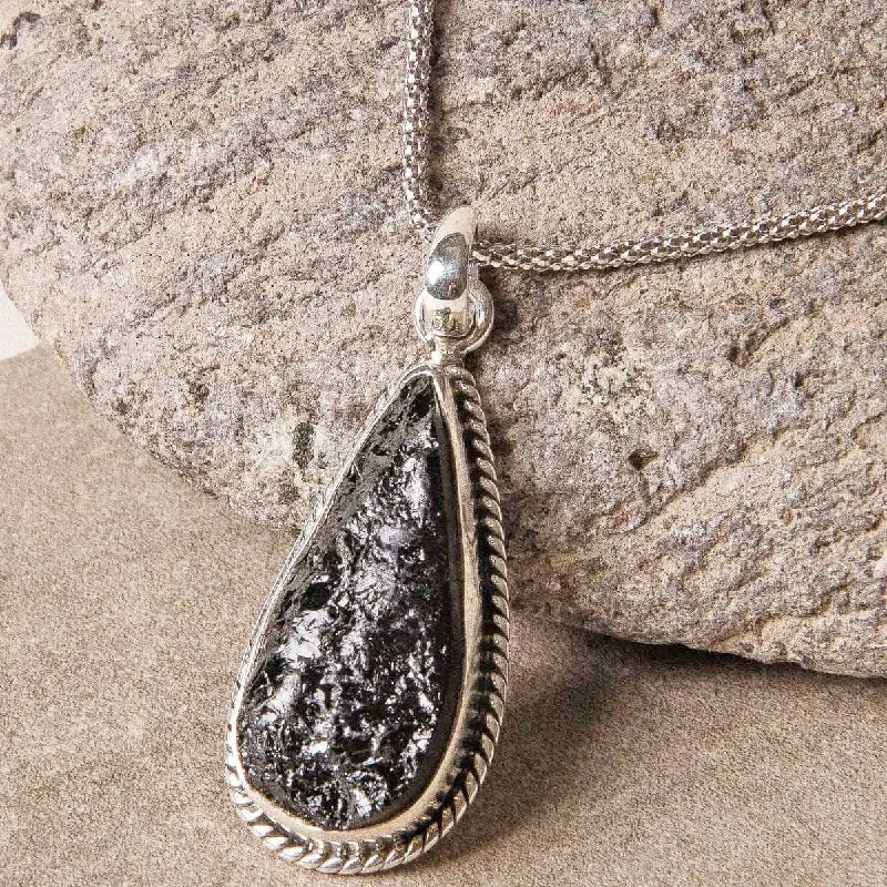Exclusive Men's Necklaces & Pendants for the Modern Gentleman-Vintage Raw Black Tourmaline Teardrop Silver Pendant Exclusive Men's Necklaces & Pendants for the Modern Gentleman-Vintage Raw Black Tourmaline Teardrop Silver Pendant