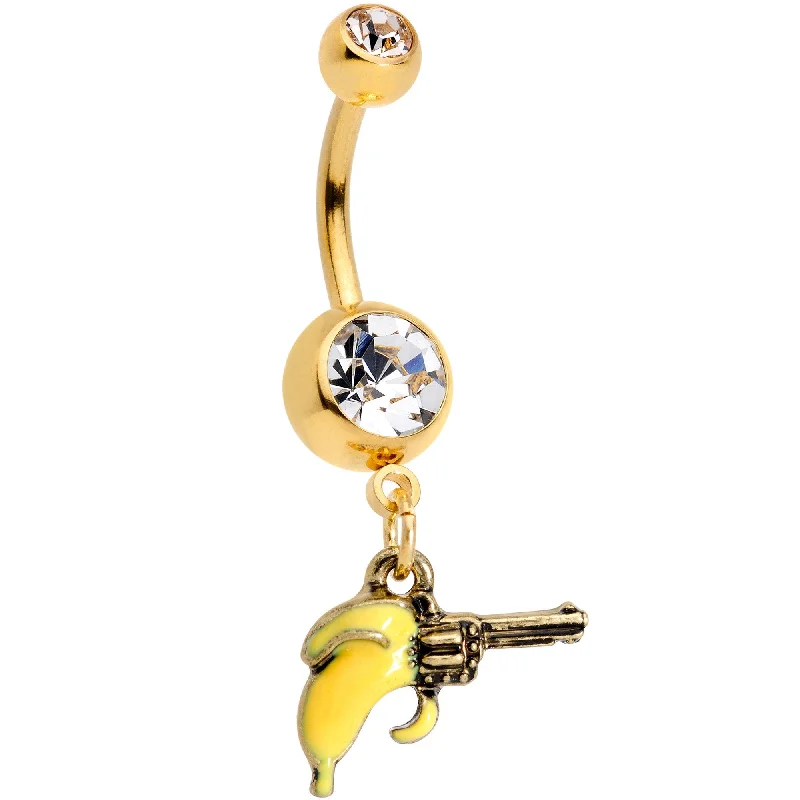 Belly Rings with Multicolored Stones -Clear Gem Gold Tone Banana Peel Gun Dangle Belly Ring Belly Rings with Multicolored Stones -Clear Gem Gold Tone Banana Peel Gun Dangle Belly Ring