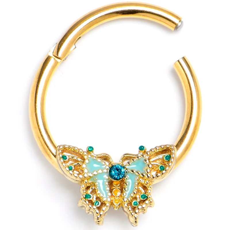 Women's Earrings – Elegant Designs for Every Personality--16 Gauge 3/8 Blue Gem Gold Tone Rococo Butterfly Hinged Segment Ring
