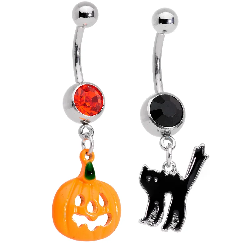 Beautiful Belly Rings with Chic Features -Black Red Gem Pumpkin Cat Halloween Dangle Belly Ring Set of 2 Beautiful Belly Rings with Chic Features -Black Red Gem Pumpkin Cat Halloween Dangle Belly Ring Set of 2