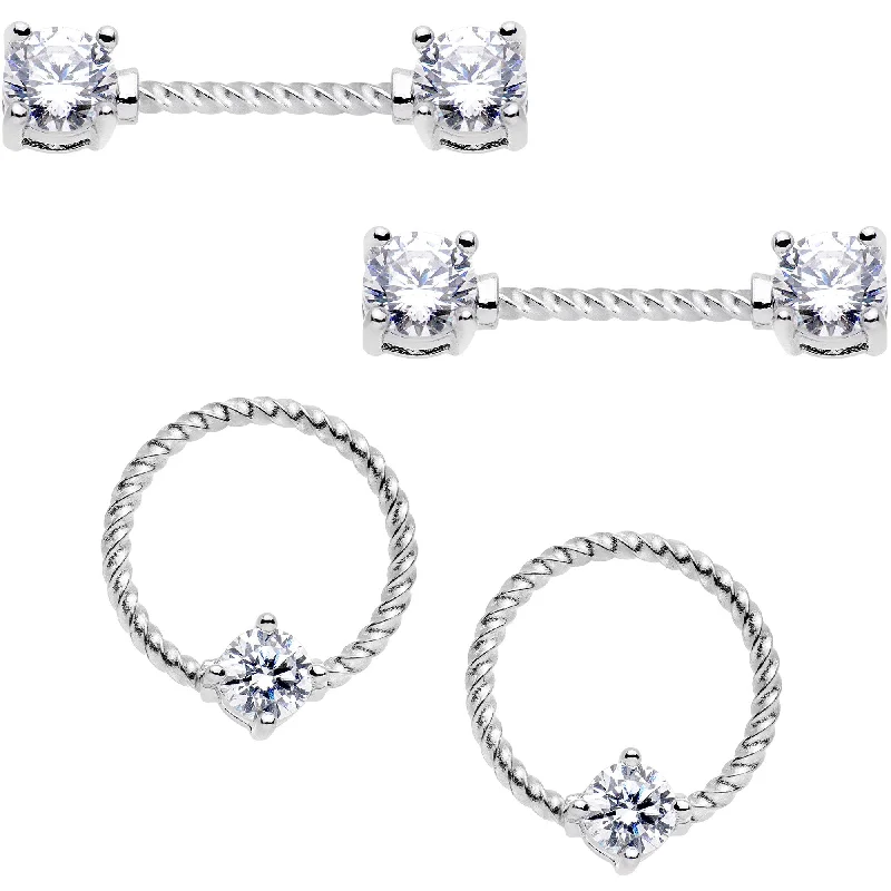 Lip Rings with Beautiful Stone Designs14 Gauge Clear CZ Gem Twisted Captive Ring Barbell Nipple Ring Set