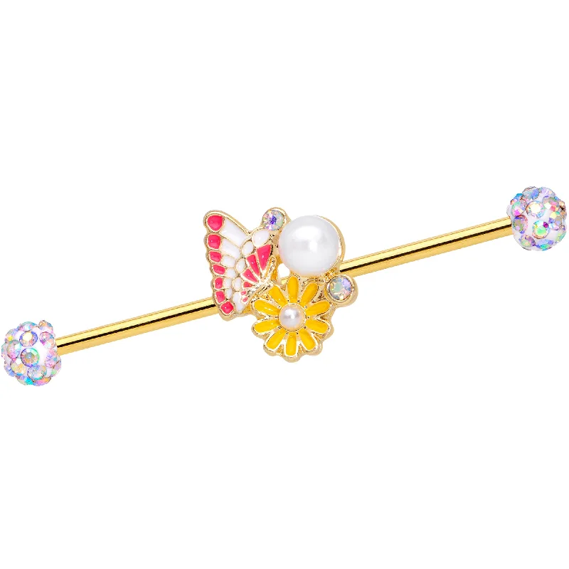 Women's Earrings – Elegant Designs for Every Personality--14 Gauge Aurora Gem Gold Tone Butterfly Flower Industrial Barbell 38mm