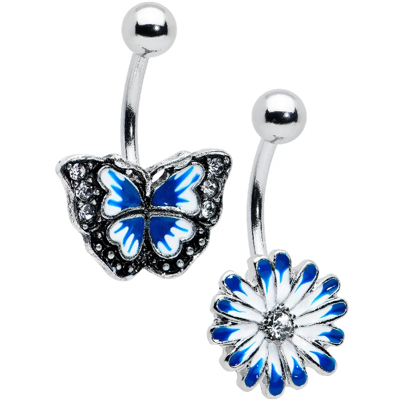 Sparkling Belly Rings for Unique Shine -Clear Gem Butterfly Flower Blue White Belly Ring Set of 2 Sparkling Belly Rings for Unique Shine -Clear Gem Butterfly Flower Blue White Belly Ring Set of 2
