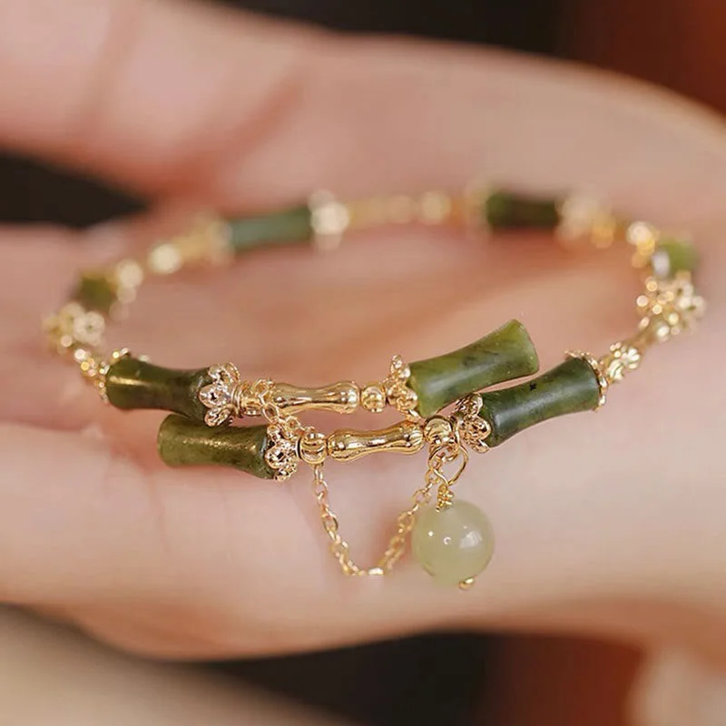 Custom Engraved Bangles for Women-Buddha Stones Bamboo Jade Pattern Luck Bracelet Bangle