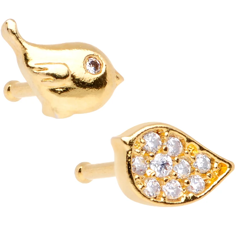Nose Rings for Urban Look -20 Gauge 1/4 Clear CZ Gem Gold Tone Little Birds Nose Bone Set of 2 Nose Rings for Urban Look -20 Gauge 1/4 Clear CZ Gem Gold Tone Little Birds Nose Bone Set of 2