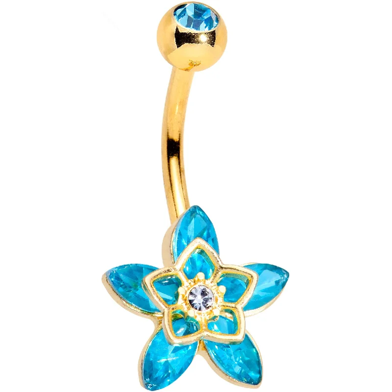 Trendy Belly Rings with Vibrant Details -Clear Aqua Gem Gold Tone Anodized Flowerburst Star Belly Ring Trendy Belly Rings with Vibrant Details -Clear Aqua Gem Gold Tone Anodized Flowerburst Star Belly Ring
